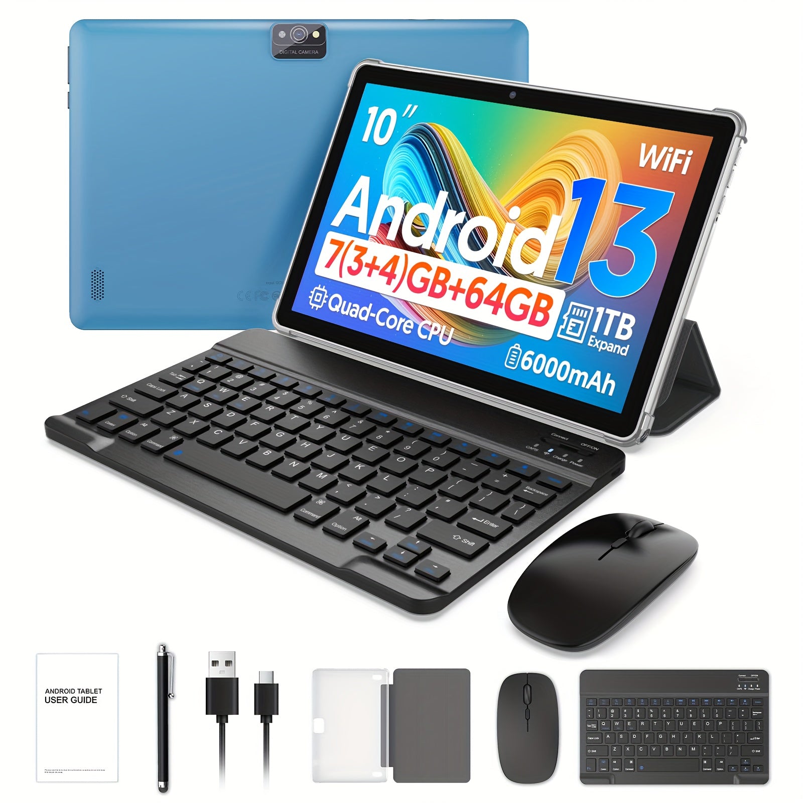 Android Tablet Inch 2-in-1 Keyboard Case Stylus 7GB with Wireless, 64GB