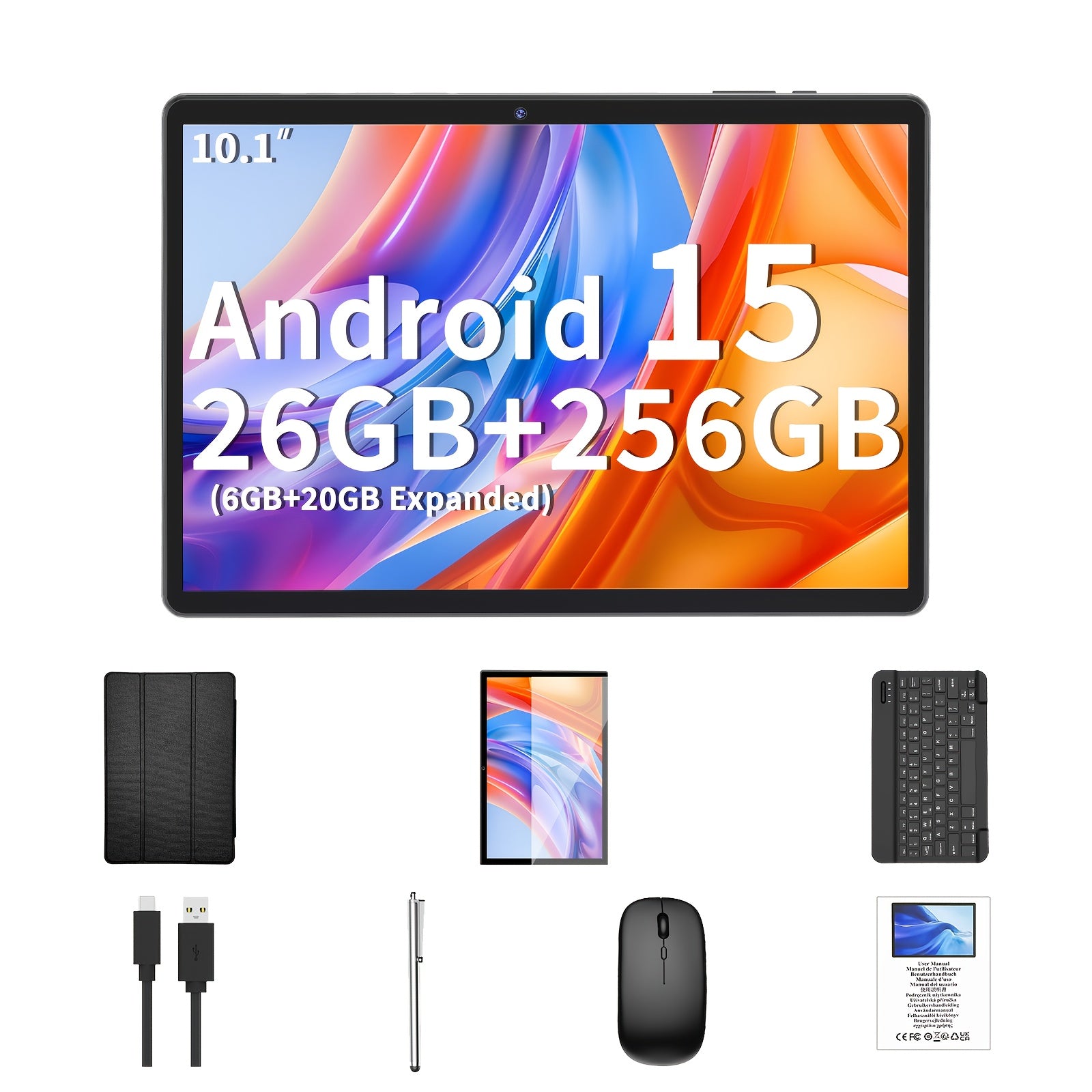 Android Tablet QDDQ 10.1 Inch Keyboard Wireless Mouse with 26GB, 256GB - Black RAM: 26GB (6GB+20GB) ROM: 256GB option