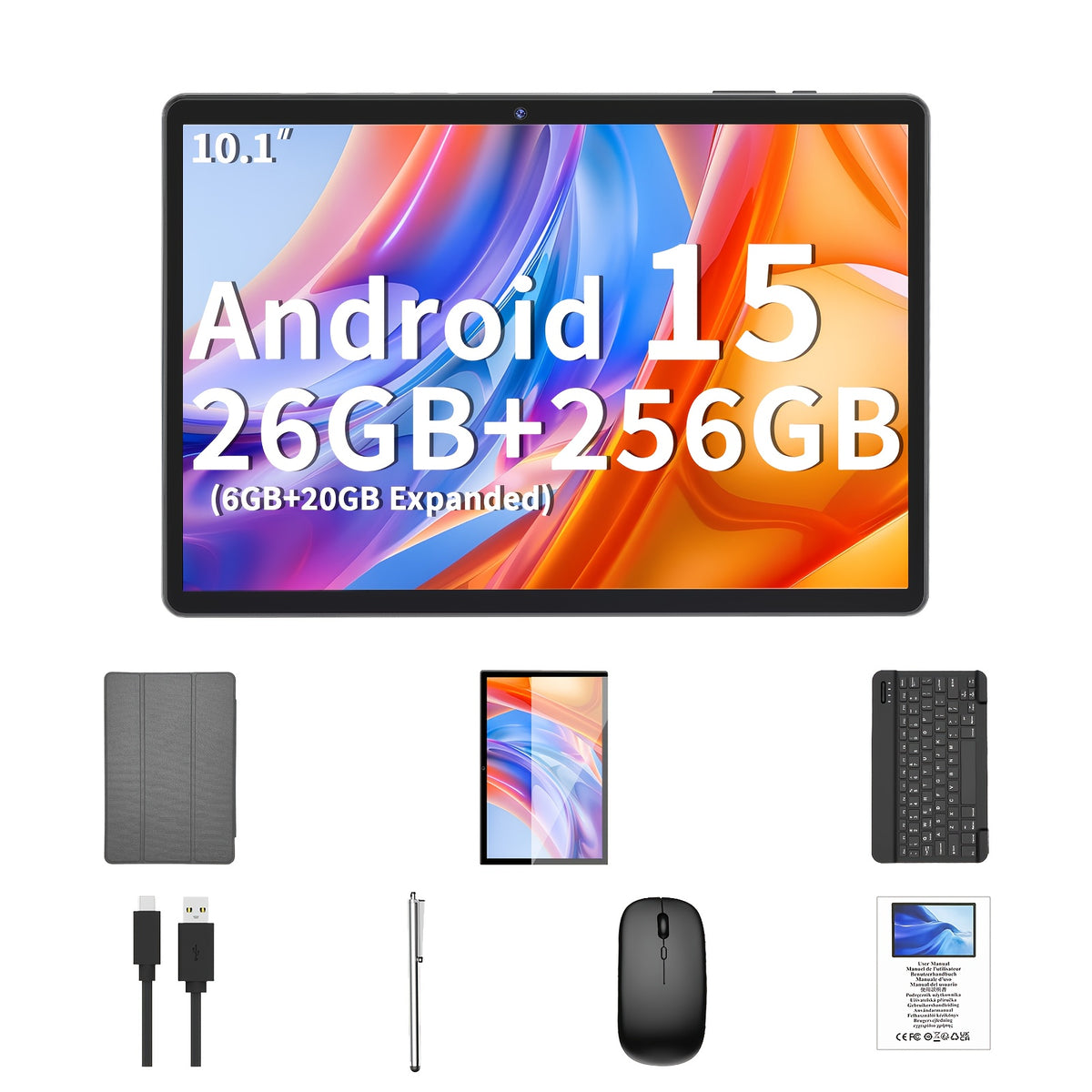 Android Tablet QDDQ 10.1 Inch Keyboard Wireless Mouse with 26GB, 256GB - Gray RAM: 26GB (6GB + 20GB) ROM: 256GB option