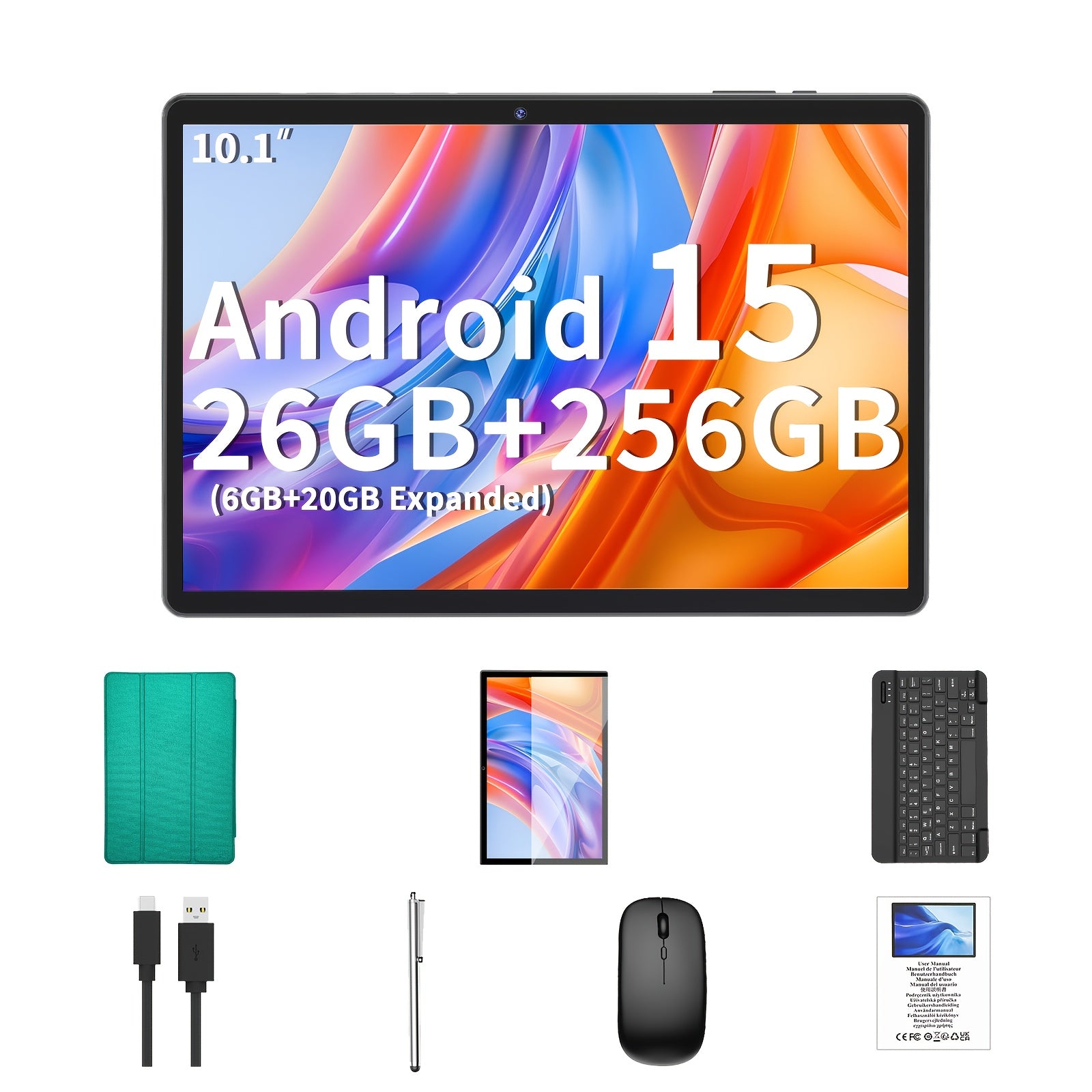 Android Tablet QDDQ 10.1 Inch Keyboard Wireless Mouse with 26GB, 256GB - Green RAM: 26GB (6GB + 20GB) ROM: 256GB option