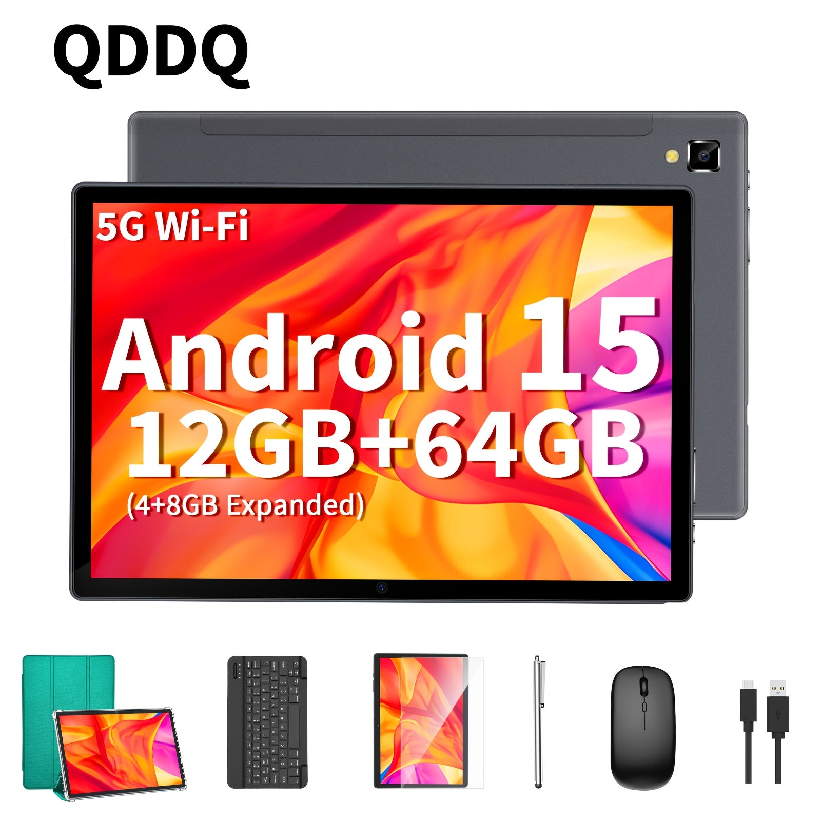 Android Tablet QDDQ 10.1 Inch Keyboard Wireless Mouse with 26GB, 256GB - Specifications: Green RAM: 12GB (4GB + 8GB), ROM: 64GB option