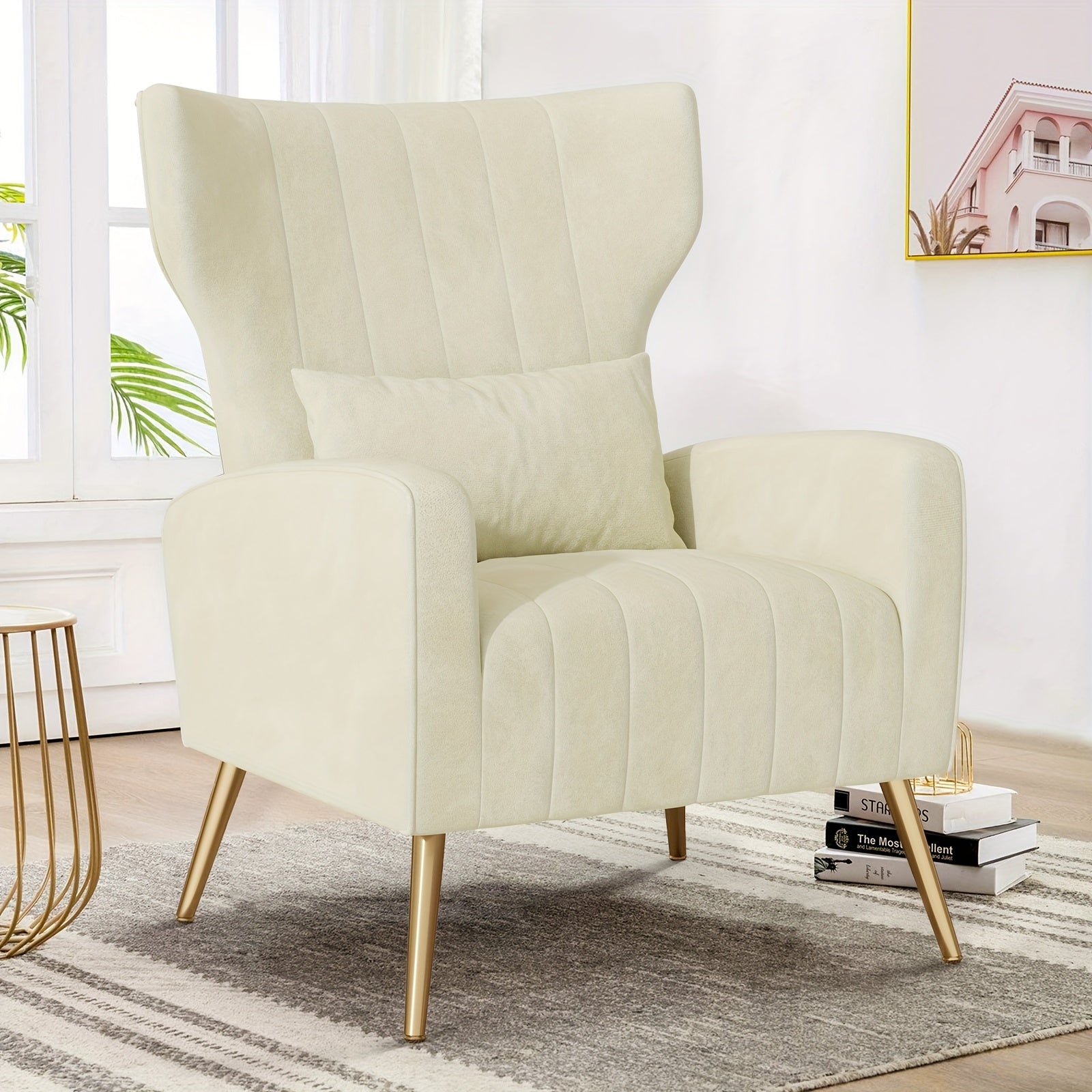 Armchair with Metal, Velvet Wing Chair Cushion Pillow Golden - Beige Color, 1 set option
