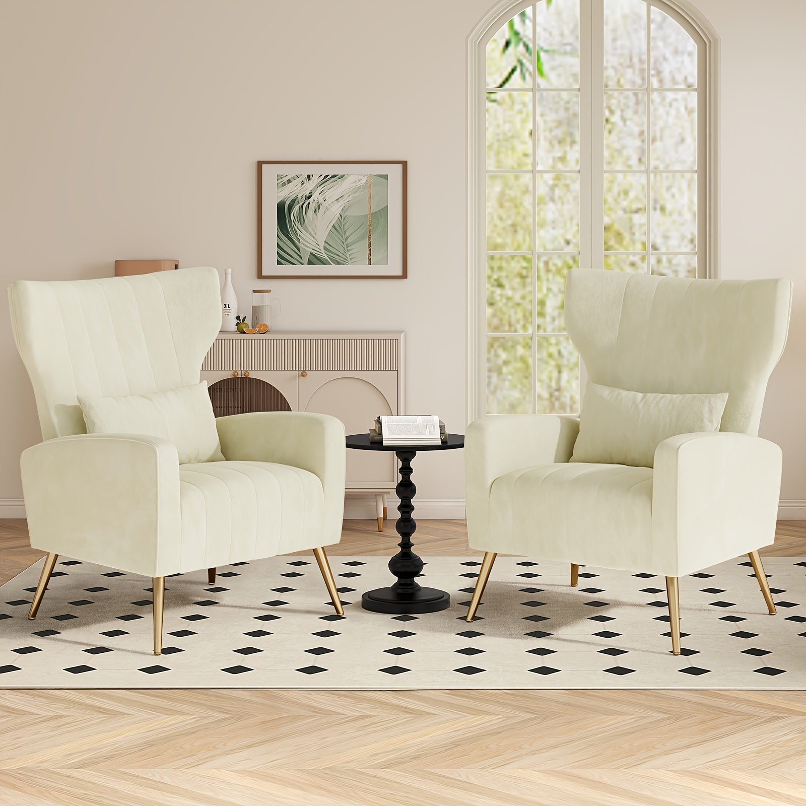 Armchair with Metal, Velvet Wing Chair Cushion Pillow Golden - Beige Color, 2 Piece Set option