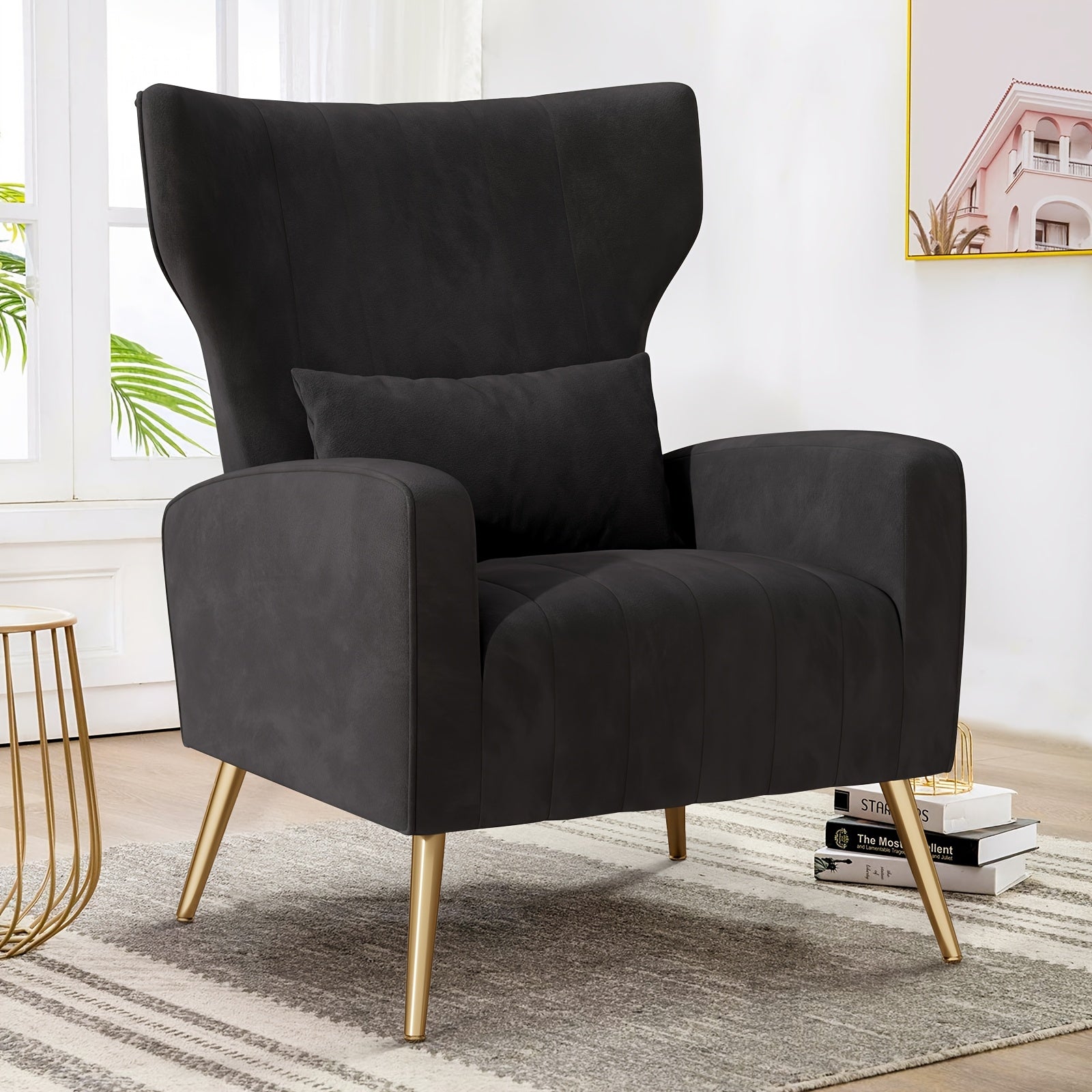 Armchair with Metal, Velvet Wing Chair Cushion Pillow Golden - Black, 1 set option