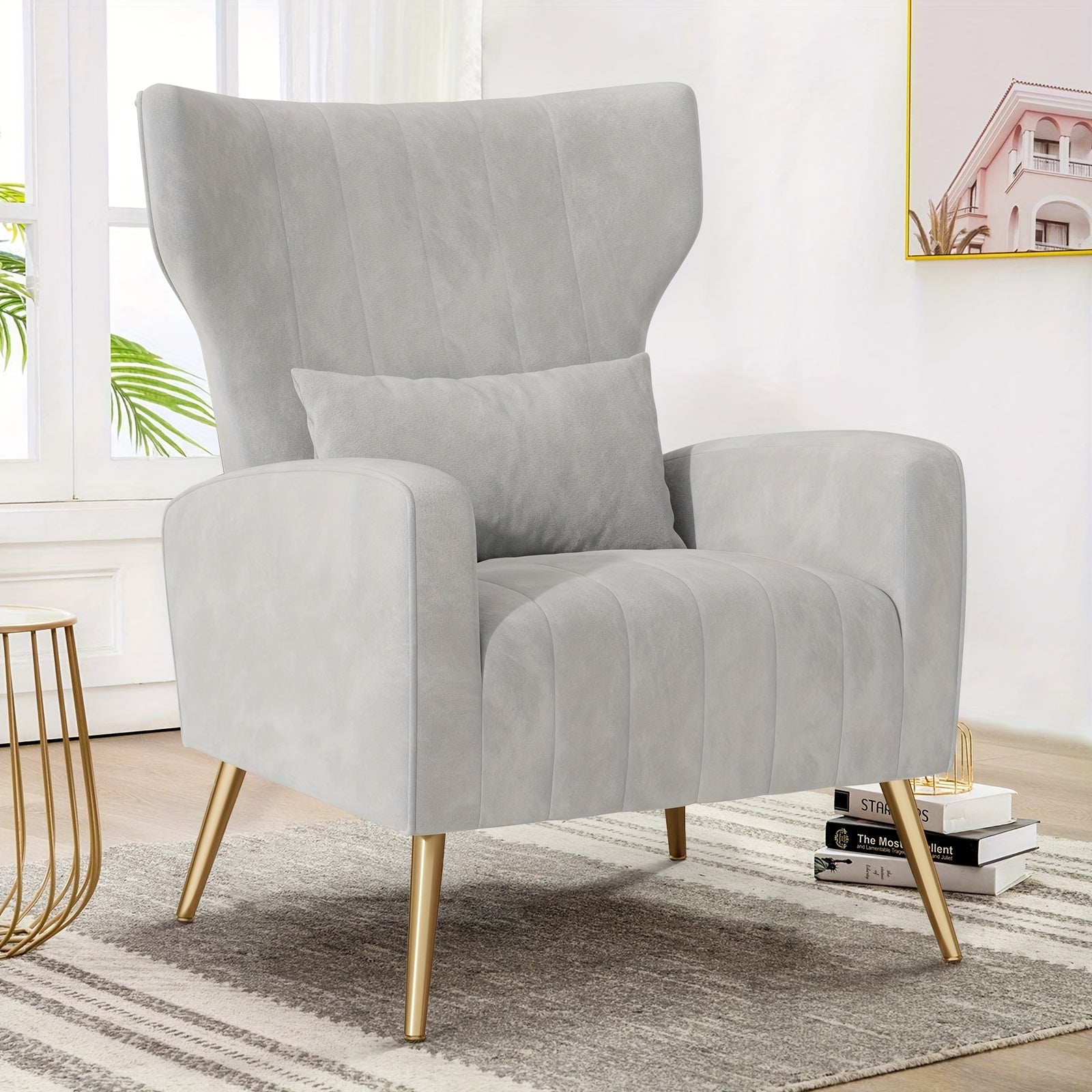 Armchair with Metal, Velvet Wing Chair Cushion Pillow Golden - Grey, 1 set option