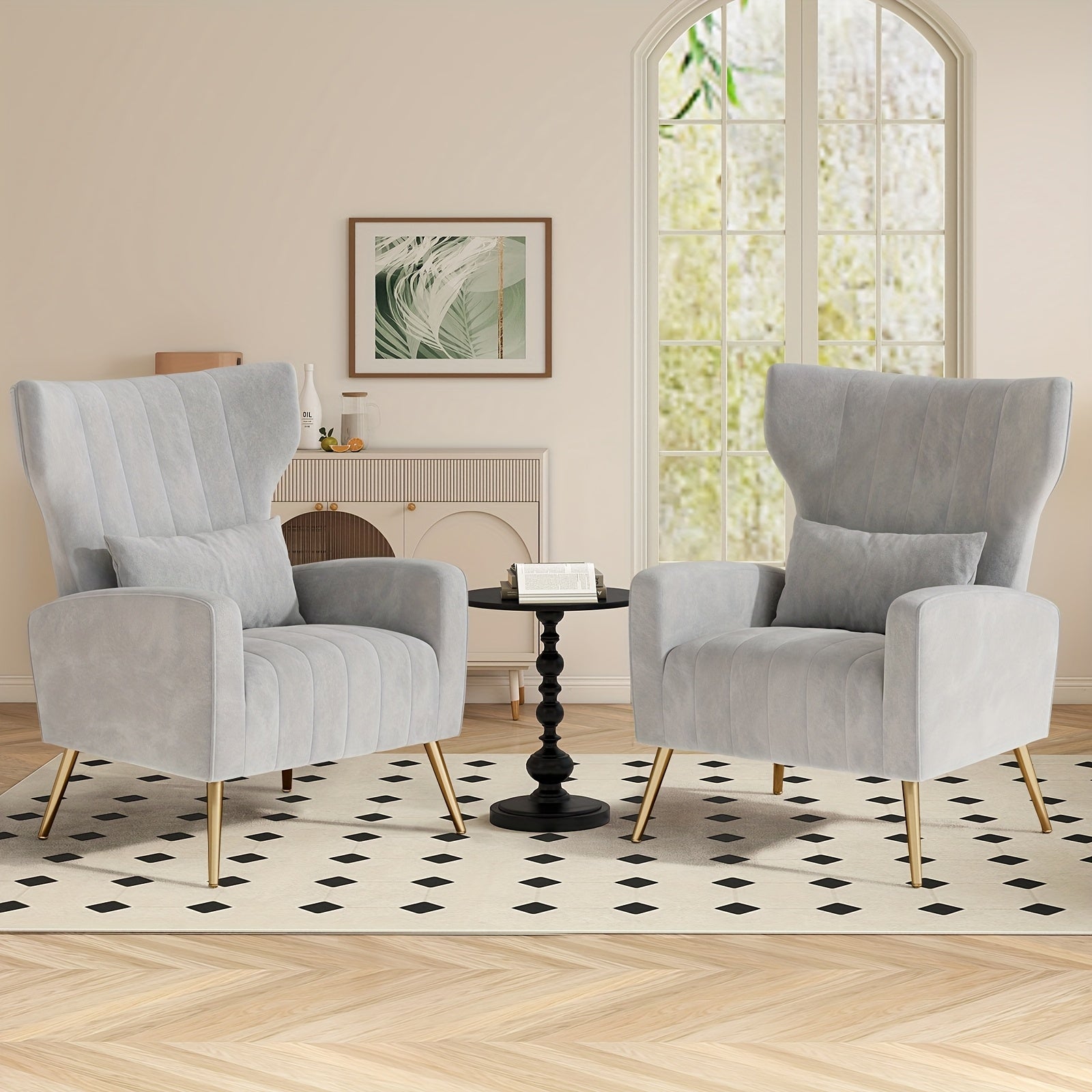 Armchair with Metal, Velvet Wing Chair Cushion Pillow Golden