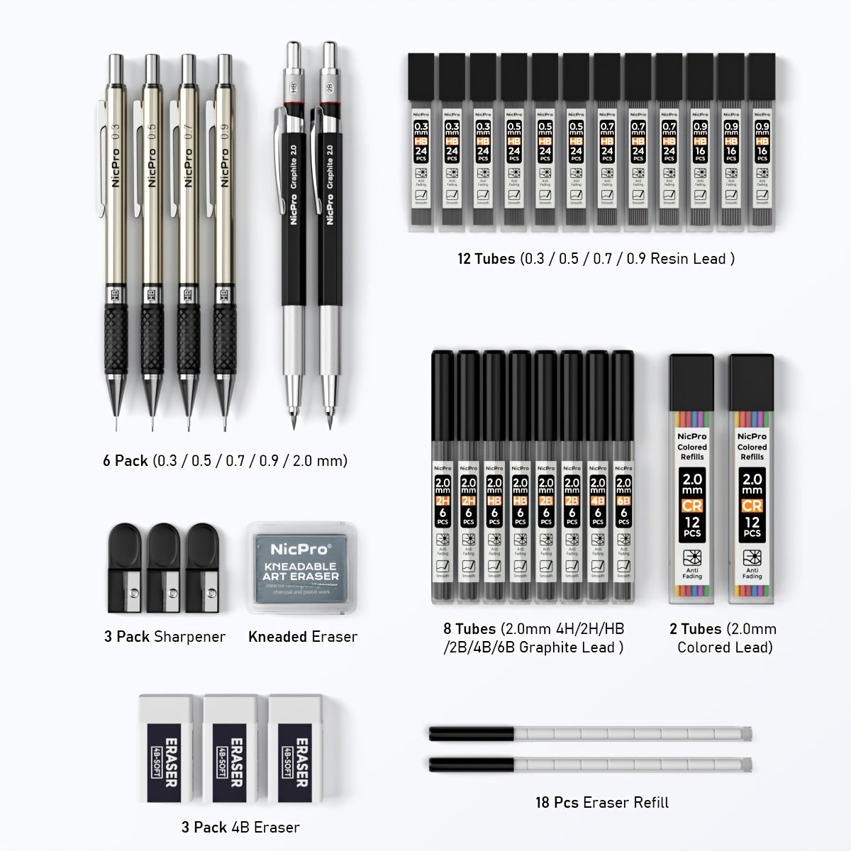 Art Mechanical Pencil Set with 0.3mm, 0.5 mm, Metal, 37pcs - product gallery image 5