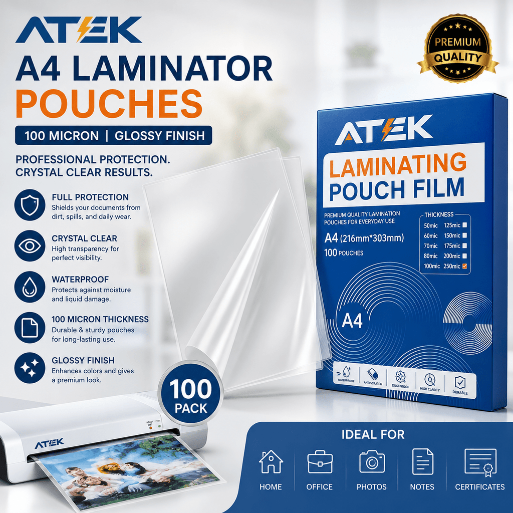ATEK A4 Laminator Pouches 100 Pack with Waterproof, A4 LAMINATING POUCHES