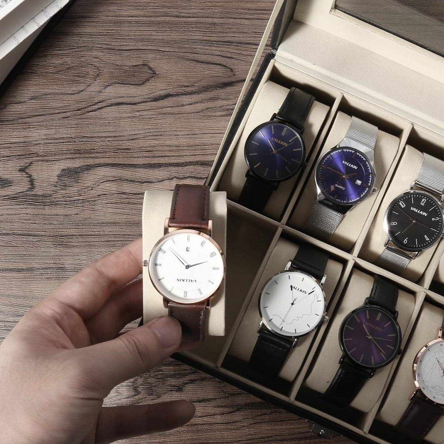 Uten Watch Box 10 Slots, Watch Case with Glass Lid, Watch Display Storage Box for Men and Women, Removable Watch Pillows, PU leather