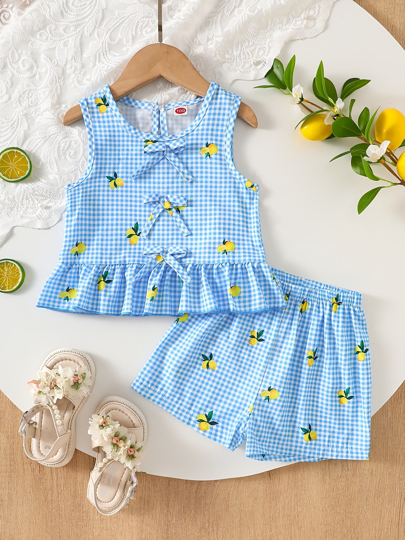 2pcs Set. Girls' Vest And Shorts Outfit, Lemon Print, Contrast Plaid Pattern, Bow Detail, Ruffled Hem. Summer Casual Outfit for Girls. Ideal Gift for 1-8 Year Olds. Suitable for Outdoor Wear