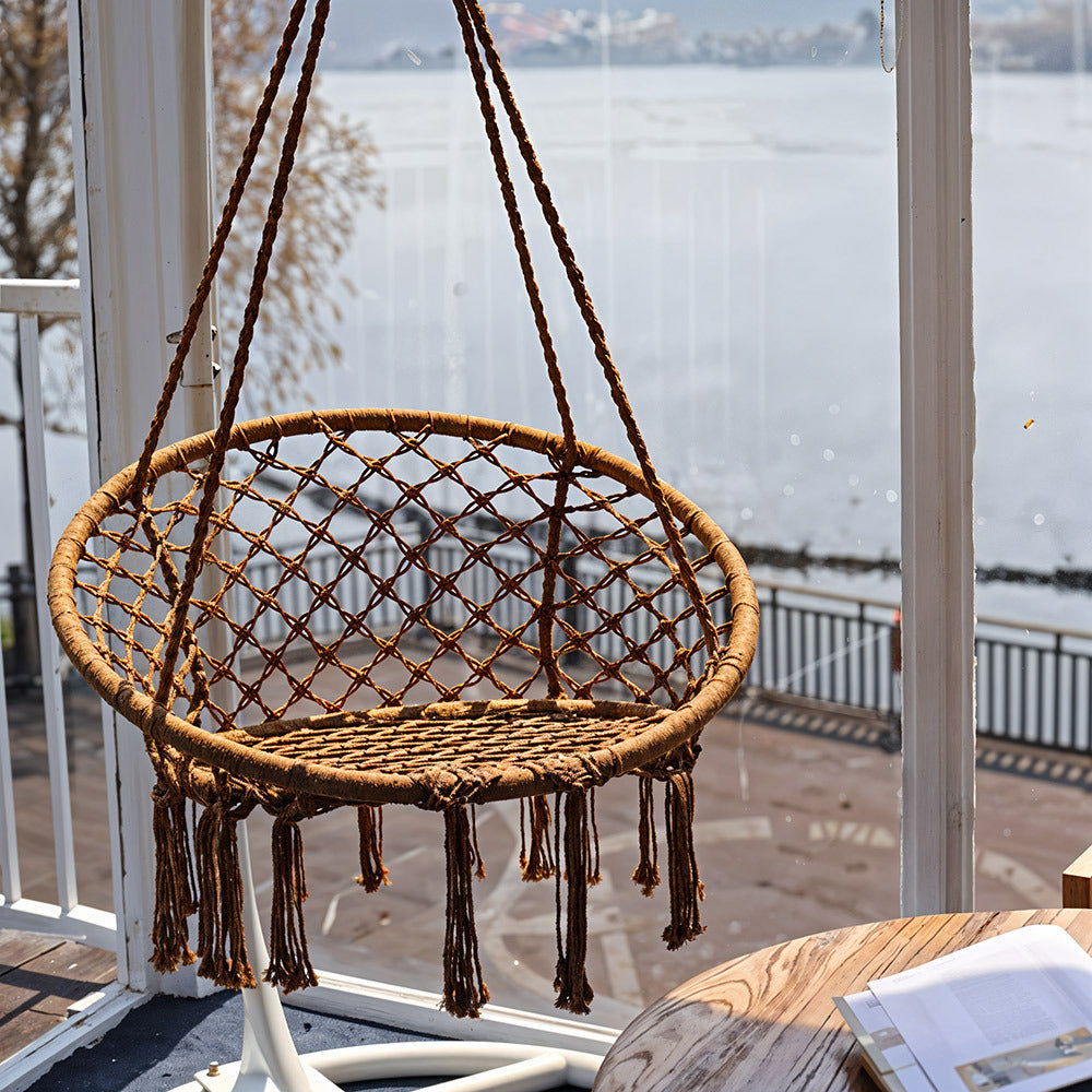 Balcony Rocking Chair, Courtyard Woven Hanging Basket, Hanging Cotton Rope Iron Ring Hanging Chair, Suitable for Indoor, Outdoor, Home, Balcony, Courtyard, Garden, Maximum Load Capacity: 200kg, Material: Iron Ring, Cotton Rope (No Include Cushion)