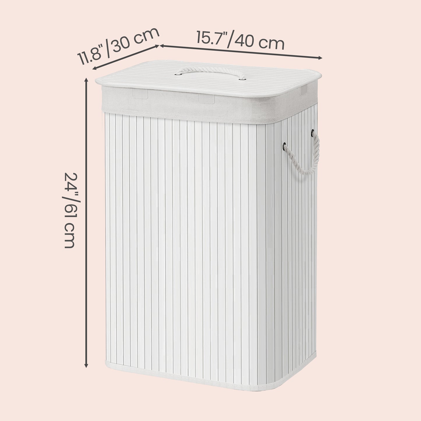 Bamboo Hamper with Lid, Collapsible Laundry Basket, Removable Liner, Handles, for Bedroom, Laundry Room, White