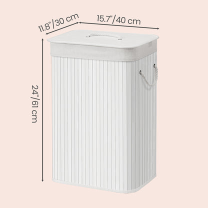 Bamboo Hamper with Lid, Collapsible Laundry Basket, Removable Liner, Handles, for Bedroom, Laundry Room, White