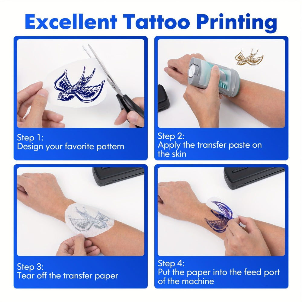 D810B Portable Inkless Thermal Printer A4 & US Letter – Wireless & USB, iOS & Android Compatible, Travel & Office Printer, Tattoo Stencil Printer, 20 Sheets Included