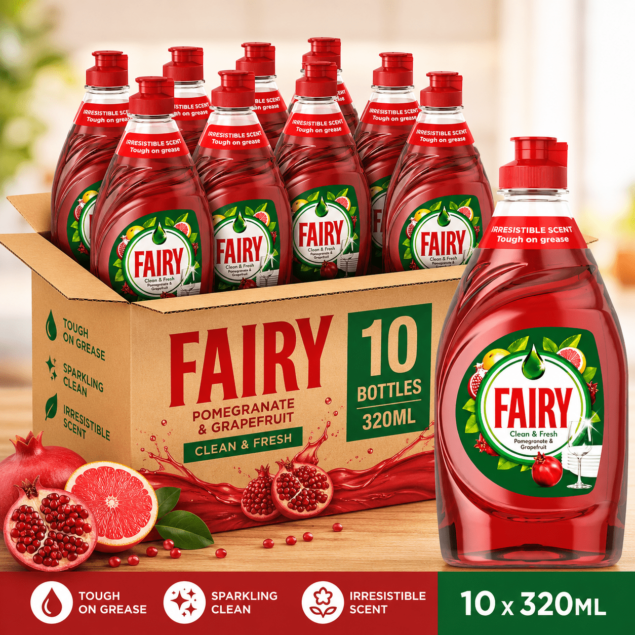 Fairy Pomegranate & Grapefruit Washing Up Liquid 320ml – Pack of 10 - Clean & Fresh, Tough on Grease, Gentle on Hands