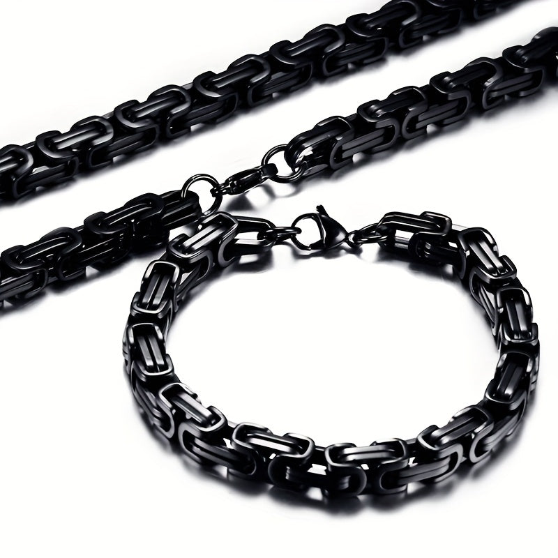 2pcs Set of Fashionable and Domineering Stainless Steel Necklace + Bracelet Jewelry Set, Men's Imperial Chain Accessories, Ideal Jewelry Gift for Wearing on Any Occasion, Matching with Any Clothing, Gifts