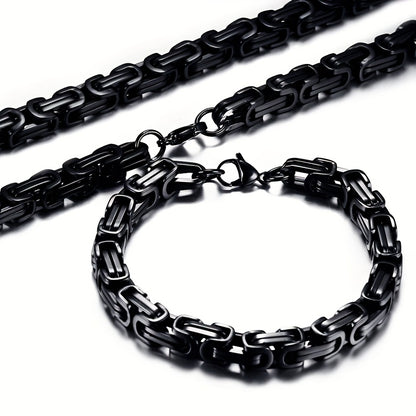 2pcs Set of Fashionable and Domineering Stainless Steel Necklace + Bracelet Jewelry Set, Men's Imperial Chain Accessories, Ideal Jewelry Gift for Wearing on Any Occasion, Matching with Any Clothing, Gifts