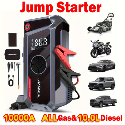 SHARMEAL 9000A/10000A Jump Starter with Air Compressor And Tire Inflator, 12V Power Bank, Battery Jump Pack, Jump Starter for Car Heavy Duty, 9-In-1 Multi-Function Power Pack for 10L Gas/All Diesel, Includes Nozzles And Additions