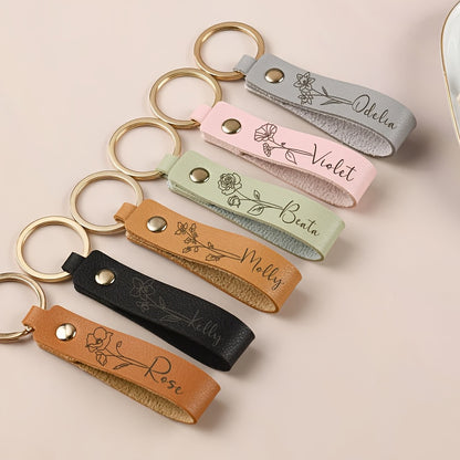 [Custom Leather Keychain] Personalized Leather Keychain - Custom Birth Flower Key Ring, Name Keychain, Bag Tag - Ideal for Women, Anniversary, Bridesmaid Gifts - Single