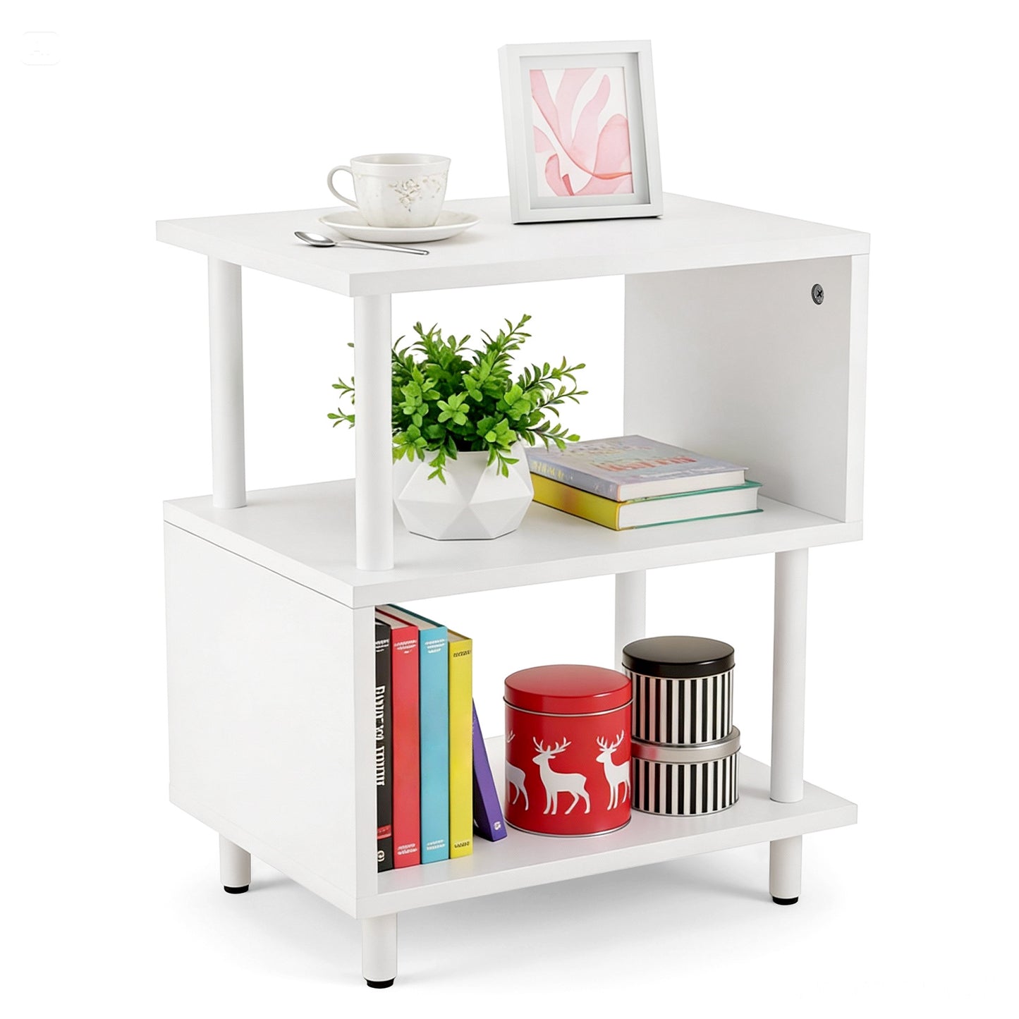 Modern Side Table with Storage - Small End Table/Nightstand, Assembly, -Shaped & Particleboard, Bedside Table for Bedroom/Living Room