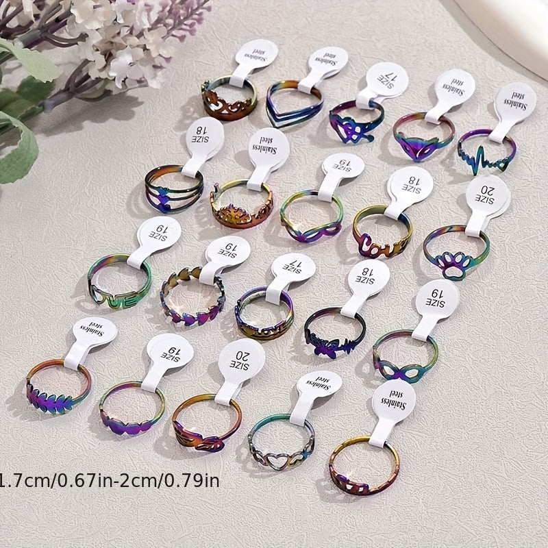 Set Of 20 Hollow Geometry Stainless Steel Rings (Style And Size Random, No Box)