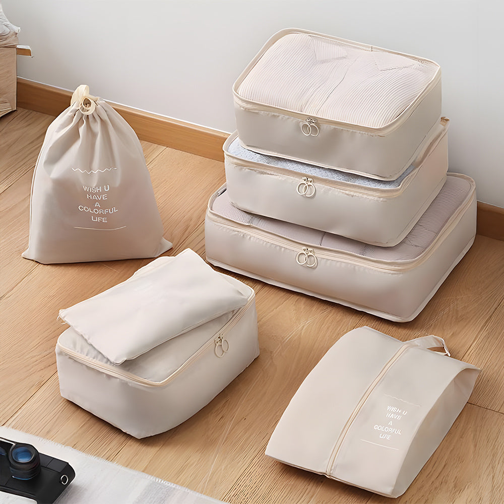 Packing Cubes Set of 7 for Suitcase – Travel Organiser Bags for Clothes, Shoes, Toiletries & Accessories, Oxford Fabric Luggage Sorting Pouches for Holiday & Business Travel in Grey, Pink, Blue & Beige