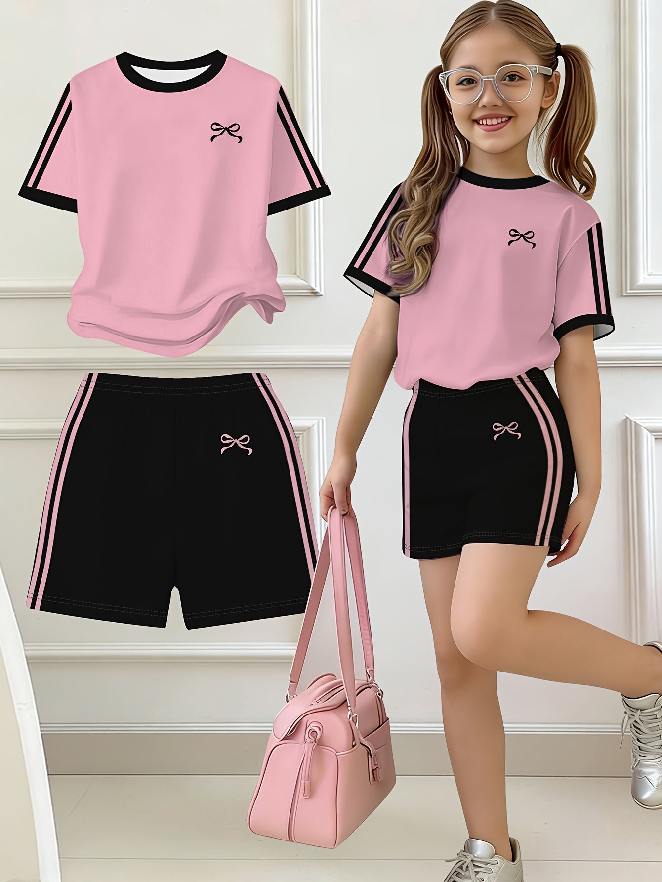 2pcs Set, Easy Bow Print Short Sleeve T-Shirt And Shorts Set, Star Style, Suitable for Spring And Summer, Back-To-School Outfit, Y2K Fashion, Campus Activities, Comfortable Casual, Fashionable And Playful, Hippie Style, Retro Sweet American Style