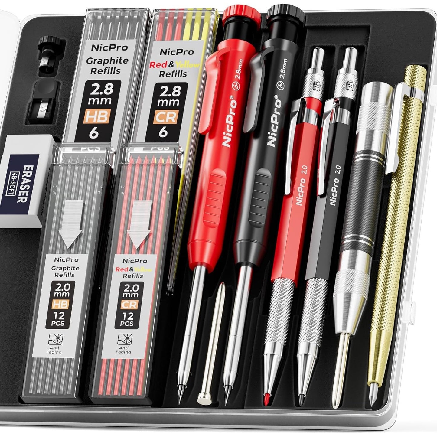 15/18/27Pack Carpenter Pencil Set with Sharpener, Mechanical Carpenter Pencils with Refill, Automatic Center Punch And Carbide Scribe Tool, Heavy Duty Construction Pencil for Architect-With Case