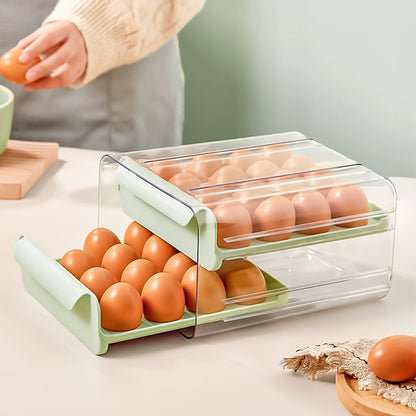 32-grid Double-layer Drawer Egg Box, Egg Storage Container Egg Holder, Plastic Egg Storage Box for Refrigeration, Light Green