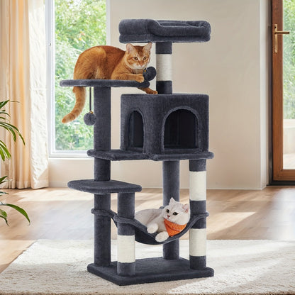Multi-Level Cat Tree Tower with 4 Scratching Posts, Hammock, Cave & Interactive Toys – Tall Cat Condo for Indoor Cats