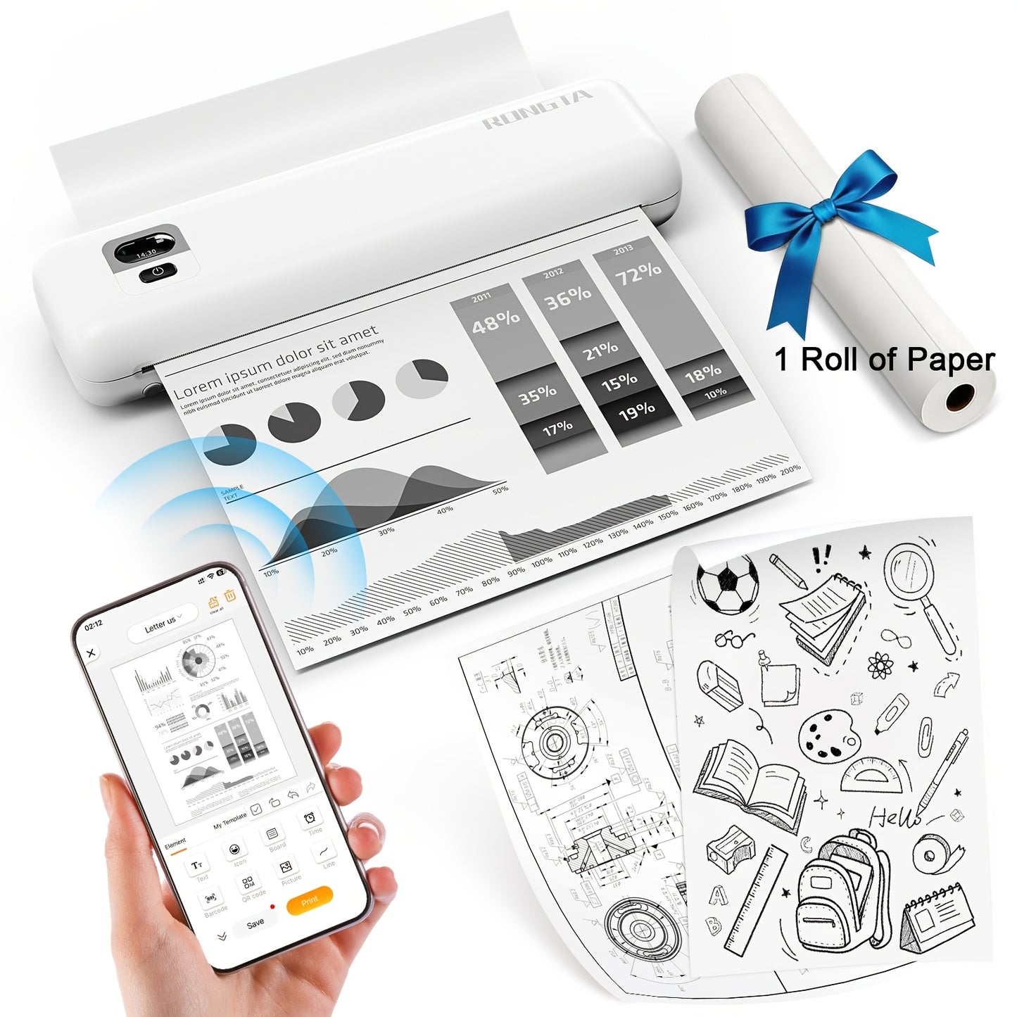 Rongta F82A Upgraded 203Dpi Wireless Thermal Printer, A4 & Letter Size Support, Perfect for Travel, Vehicle, Office, Home, Includes 1 Rolls Of Paper