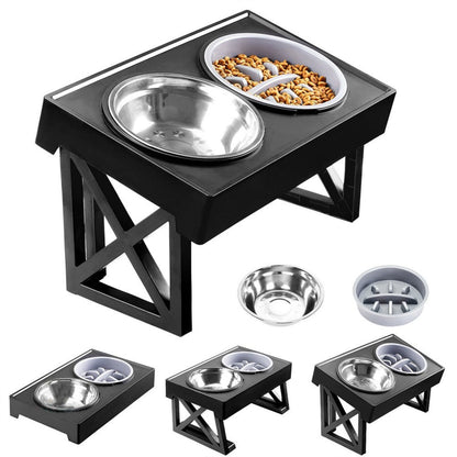 Elevated Dog Bowl Stand Height-Adjustable – Raised Feeder with Stainless Steel & PP Bowls for Small, Medium & Large Dogs, Anti-Slip Feeding Station, 45x26x27.5cm, Black