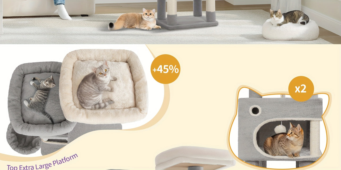 [Multi-Level Cat Tree] HZUANERI 180cm Multi-Level Cat Tree | 8 Scratching Posts, 3 Platforms, 2 Dens, Basket & Plush Balls - Durable Sisal Rope for Indoor Cats of All Sizes, Space-Saving Design for Climbing, Resting & Play, Cat Climbing Tower, Pet Activit