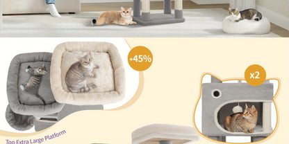 [Multi-Level Cat Tree] HZUANERI 180cm Multi-Level Cat Tree | 8 Scratching Posts, 3 Platforms, 2 Dens, Basket & Plush Balls - Durable Sisal Rope for Indoor Cats of All Sizes, Space-Saving Design for Climbing, Resting & Play, Cat Climbing Tower, Pet Activit