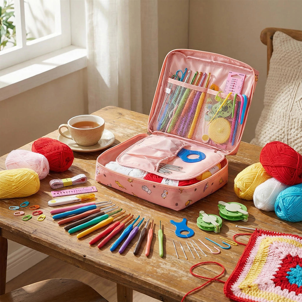 Crochet Kit for Beginners 59-Piece | Complete Set with Ergonomic Hooks, 5-Colour Yarn Balls & Zippered Storage Case | DIY Knitting Gift for Adults & Craft Enthusiasts