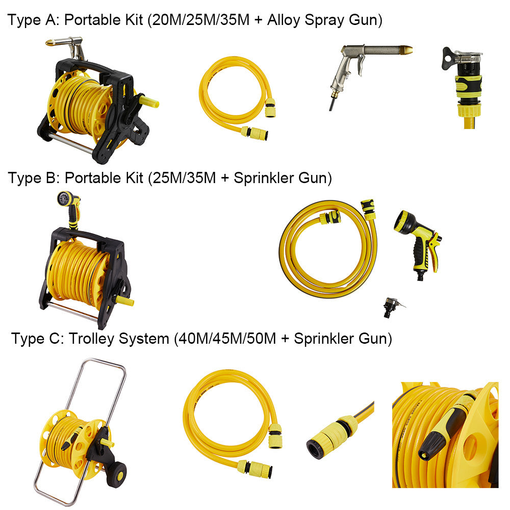 Complete Watering Kit/ Garden Hose Reel Trolley Portable With 20-50M Hose Pipe, Sprinkler Gun & Connector - Heavy Duty Watering System for Outdoor/Lawn/Car Wash (Yellow)