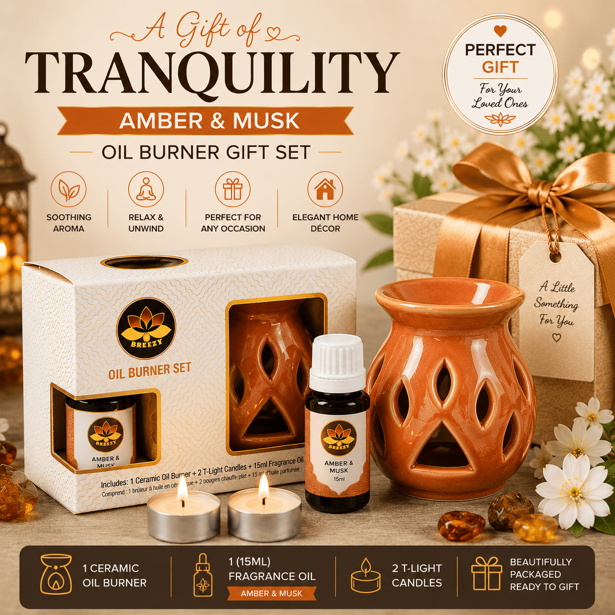 Ceramic Oil Burner Gift Set | 15ml oil free | Ready to Gift pack | Premium Gift option |