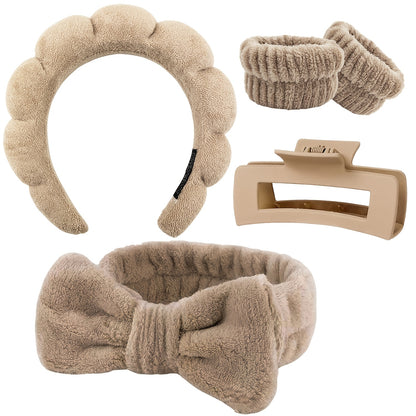 [Spa Headband Set] 5pcs/Set Spa Headband Wristband Set with Hair Claw Clips Skincare Headbands for Washing Face Skin Care Puffy Makeup Headband Wrist Bands Preppy Teen Girl Gifts Cute Trendy Stuff Hair Accessories for Women