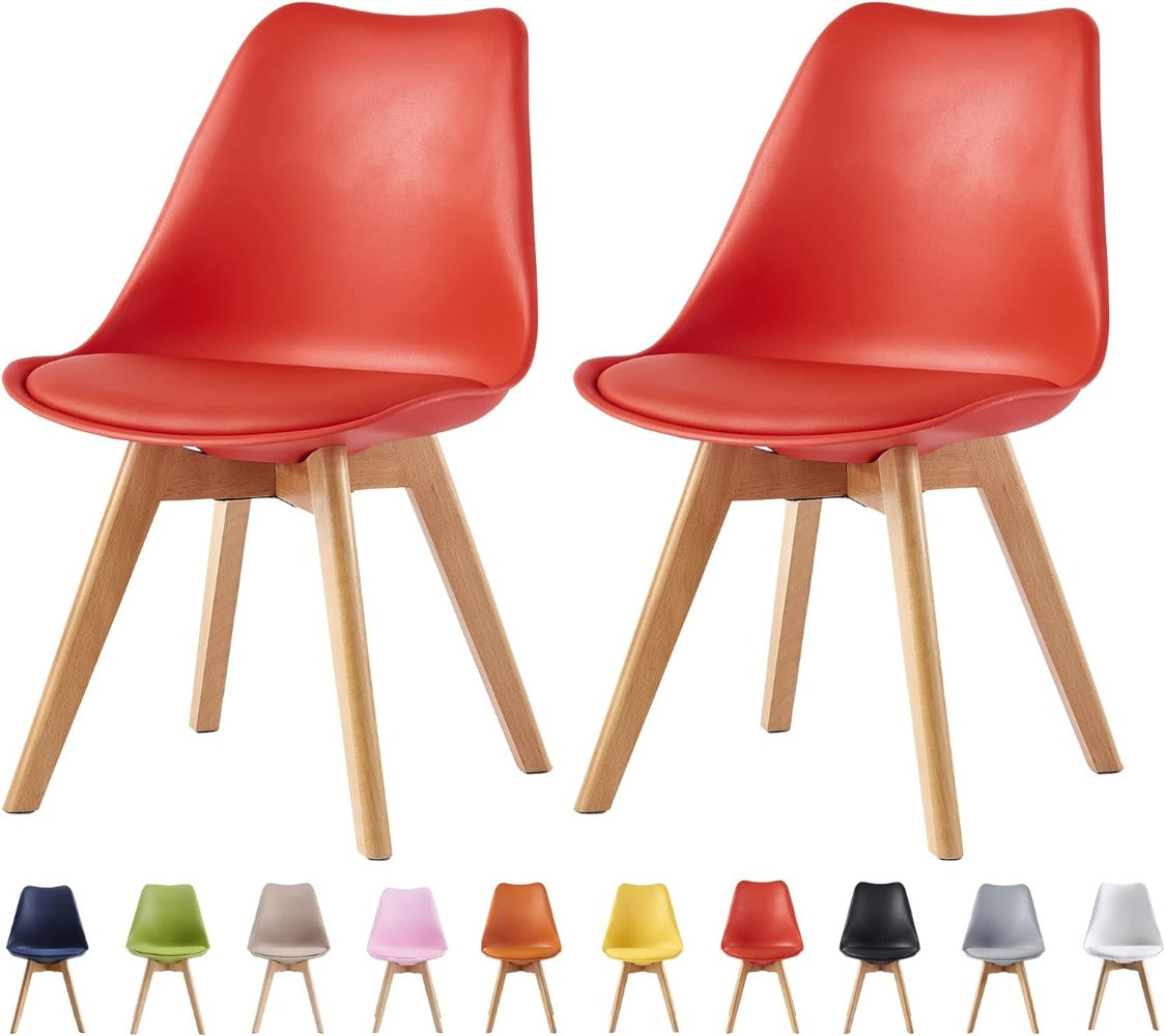 Set of 2 Retro Dining Chairs with Wooden Legs & Cushion Pad – Ergonomic Curved Backrest, Faux Leather Seat, 10 Colours, 120kg Capacity for Home, Office & Lounge