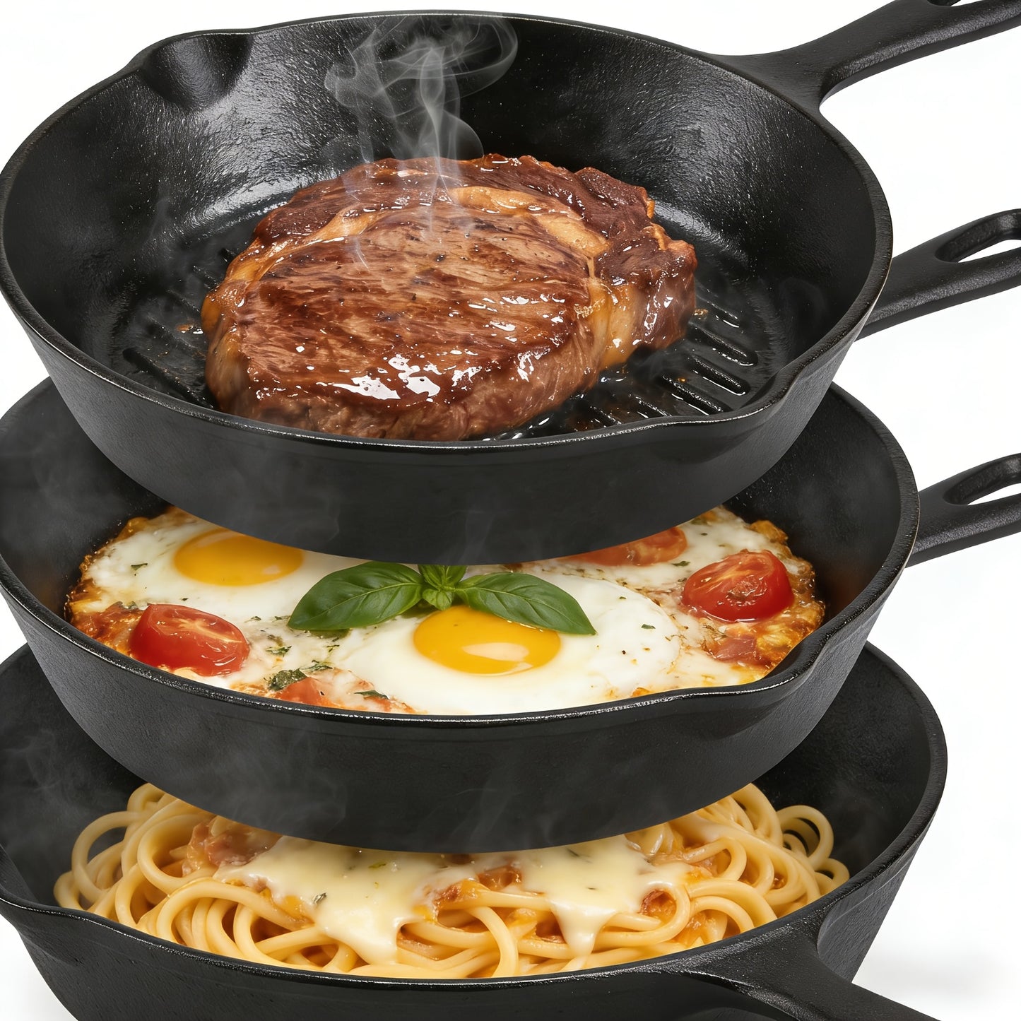 3pcs Cast Iron Cooking Set - with Oil Brush, Multi-functional Cookware - Suitable for Indoor And Outdoor Use. The Outdoor Cooking Pan Can Be Used As A Heavy-duty Professional Restaurant Chef's Frying Pan Or Egg Pan