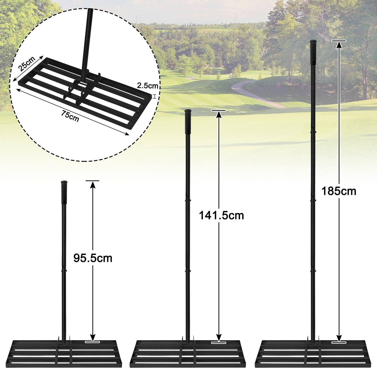Professional Heavy-Duty Stainless Steel Lawn Leveling Rake with Adjustable Length Handle (25x50cm/25x75cm) - 4-Section Telescopic Design, Ergonomic Non-Slip Grip & 4-Section Lever Mechanism for Golf Courses, Gardens, Yards - Sand Trap, Bunker
