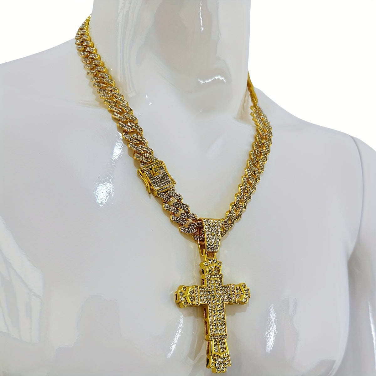 Hip-Hop Plus Size Large Pendant Full Rhinestones Double Layer Thickened Cross Hollow Buckle 14mm Wide Cuban Chain Necklace New Product Creative