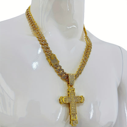 Hip-Hop Plus Size Large Pendant Full Rhinestones Double Layer Thickened Cross Hollow Buckle 14mm Wide Cuban Chain Necklace New Product Creative