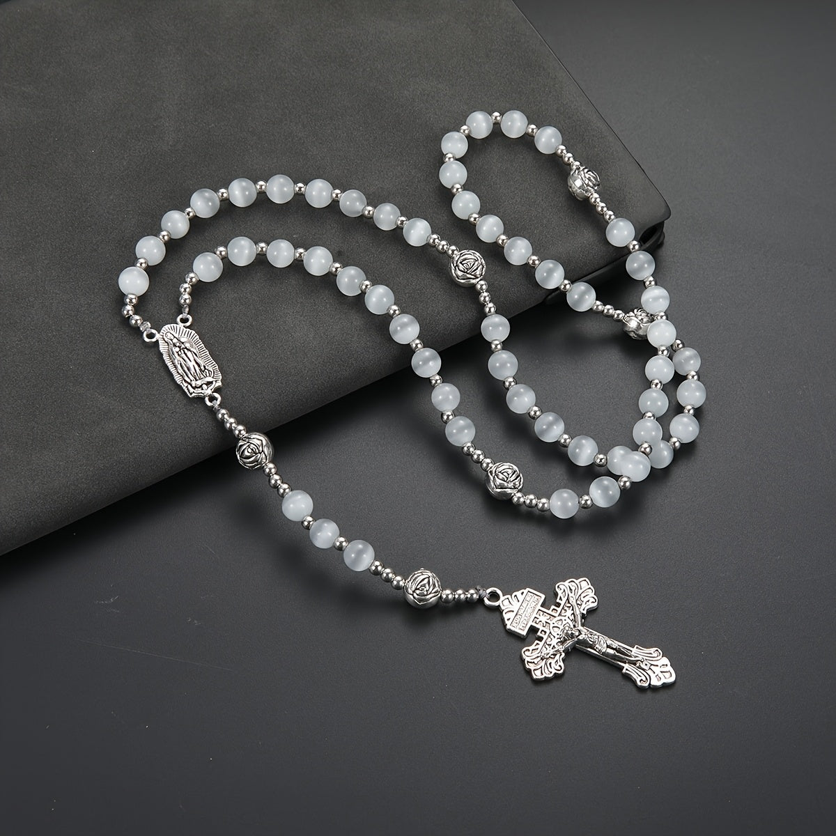 1 Fashionable and Elegant White Cat Eye Stone Round Bead Rose Beads String Cross Pendant Necklace for Men and Women