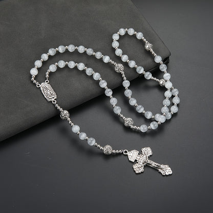 1 Fashionable and Elegant White Cat Eye Stone Round Bead Rose Beads String Cross Pendant Necklace for Men and Women