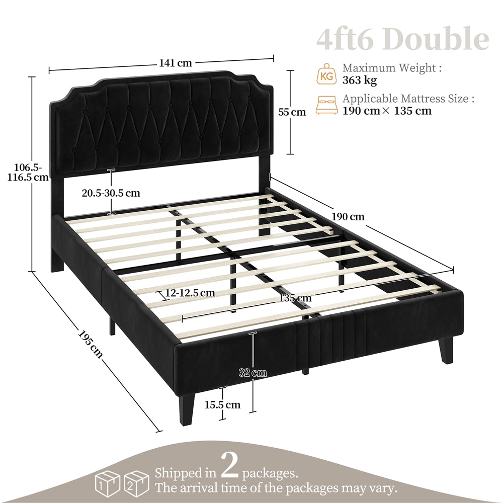 Costoffs Double/King Bed Frame Upholstered Platform Bed with Adjustable Button Tufted Headboard/Velvet Fabric/Mattress Foundation/Sturdy Wooden Slat Support, No Box Spring Needed, Black/Beige/Dark Grey/Light Grey