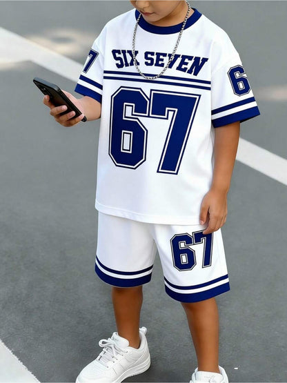 2pcs/Set Boys' Casual Stylish Creative Graphic Number 67 Cartoon Print Short Sleeve T-Shirt And Shorts Set, Comfortable Daily Wear for Spring, Summer & Autumn, for Outdoor