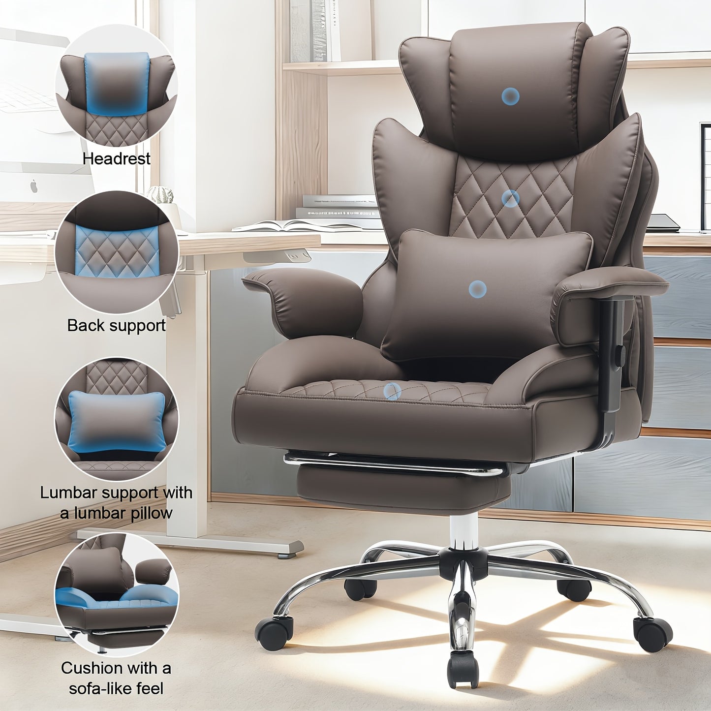 Big And Tall Ergonomic Office Chair With Footrest, Extra Wide & Lumbar Support, Soft Fixed Armrests Comfortable Computer Desk Chair For Home Or Office