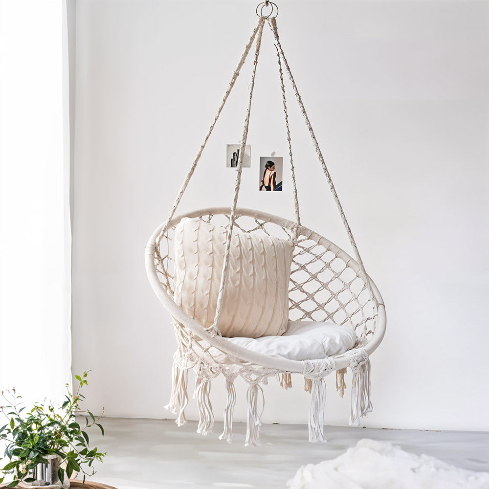 Balcony Rocking Chair, Courtyard Woven Hanging Basket, Hanging Cotton Rope Iron Ring Hanging Chair, Suitable for Indoor, Outdoor, Home, Balcony, Courtyard, Garden, Maximum Load Capacity: 200kg, Material: Iron Ring, Cotton Rope (No Include Cushion)