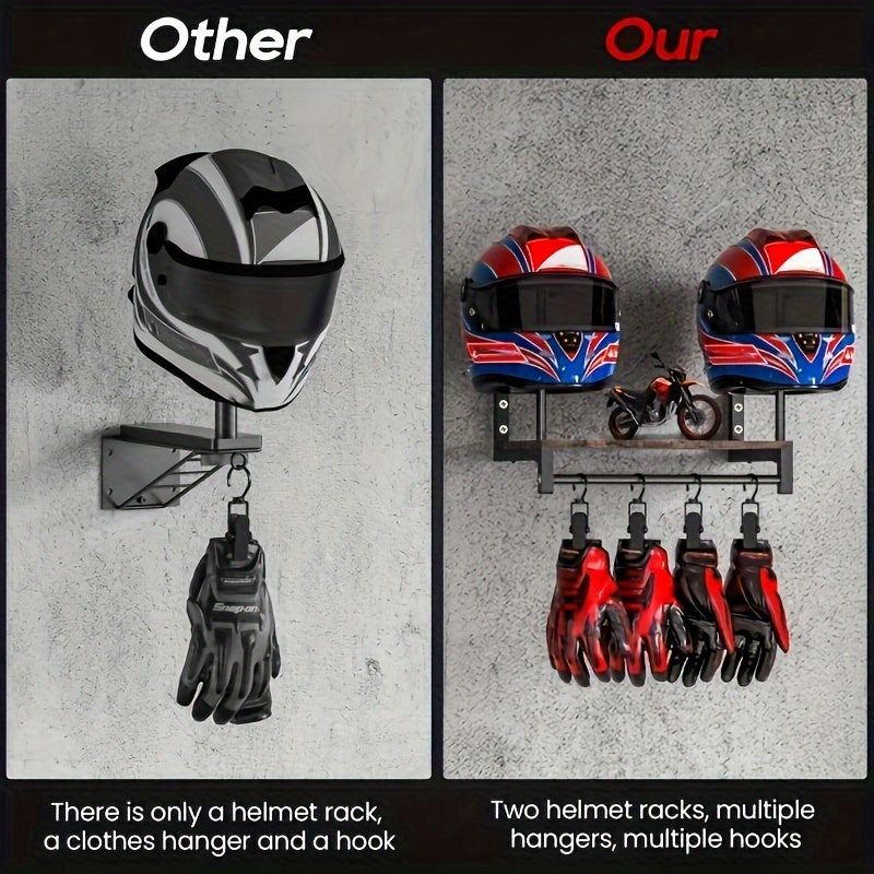 [Wooden Display Rack] Durable Wooden Wall-Mounted Motorcycle Helmet & Gear Display Rack with Key Holder*1 And Hooks